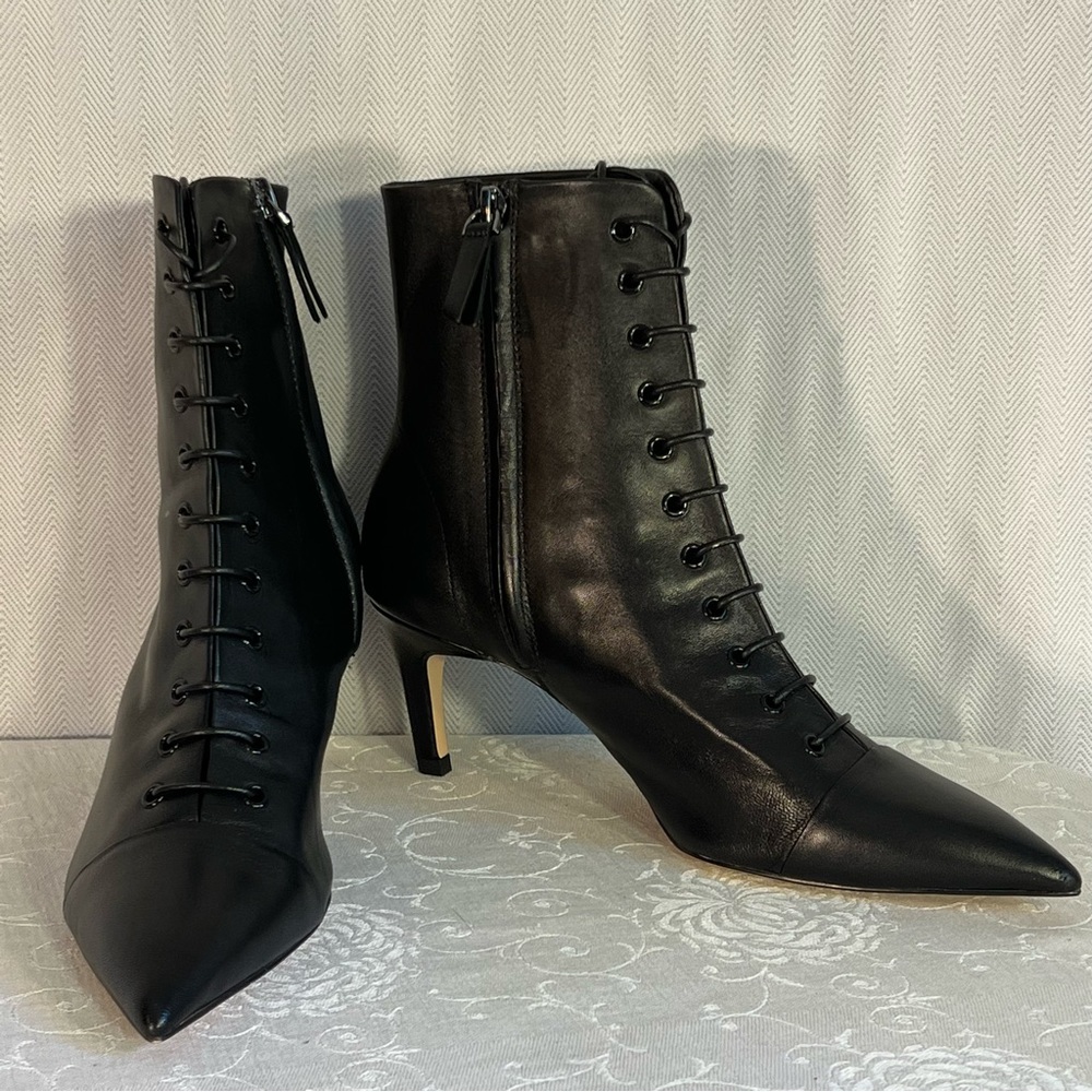 Zara Women Victorian Black Leather Lace Up Mid Heel Ankle Booties Shoes 6.5
